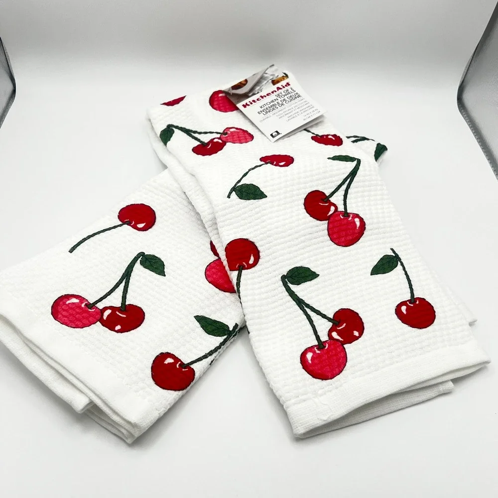 KitchenAid Cherry Print Kitchen Towels Set of 2 White Red Waffle Weave Cotton